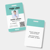 社員カスタムの写真、バーコード、ロゴ、ティール（緑がかった色）ID バッジ (正面＆裏面)