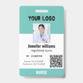 社員カスタムの写真、バーコード、ロゴ、ティール（緑がかった色）ID バッジ (正面)