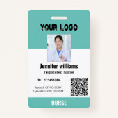 社員カスタムの写真、バーコード、ロゴ、ティール(緑がかった色)ID バッジ (正面)