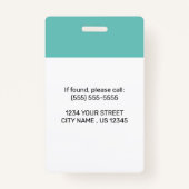社員カスタムの写真、バーコード、ロゴ、ティール(緑がかった色)ID バッジ (裏面)