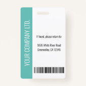 社員カスタムの写真、バーコード、ロゴ、名前ティール(緑がかった色) バッジ (裏面)