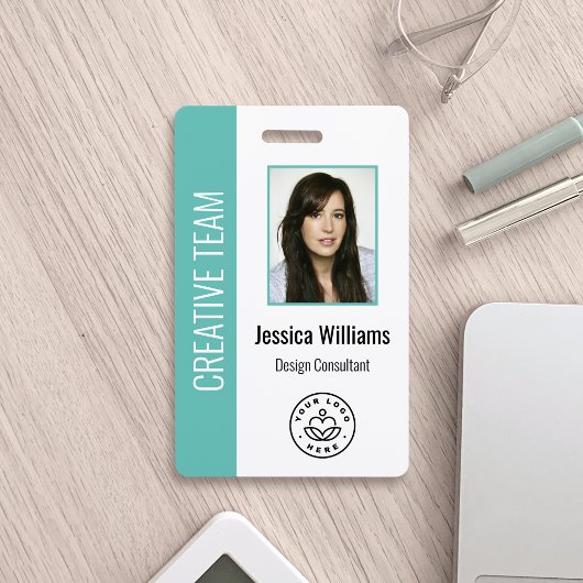 社員カスタムの写真、バーコード、ロゴ、名前ティール（緑がかった色） バッジ