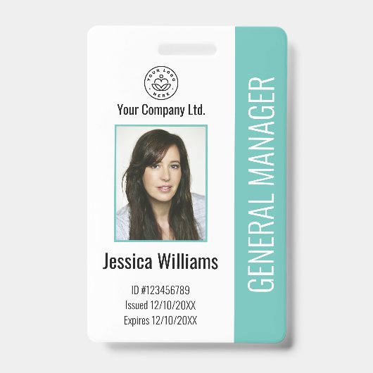 社員カスタムの写真、バーコード、ロゴ、名前ティール(緑がかった色)B バッジ (正面)