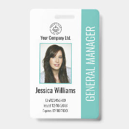 社員カスタムの写真、バーコード、ロゴ、名前ティール（緑がかった色）B バッジ