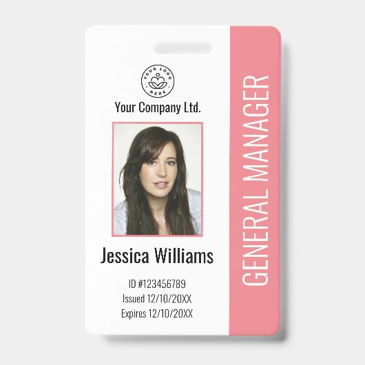 社員カスタムの写真、バーコード、ロゴ、名前ピンク バッジ (Front)