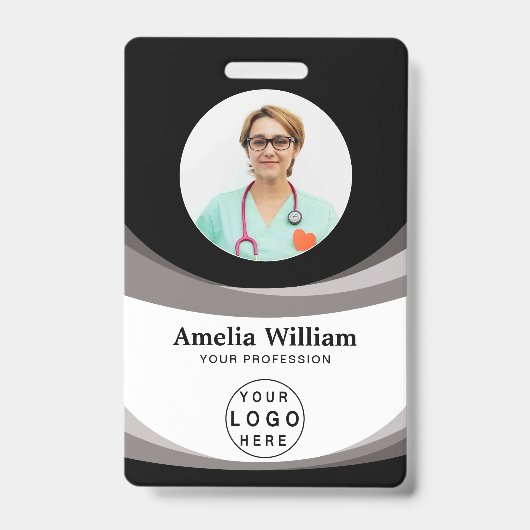 社員カスタムの写真、バーコード、ロゴ、名前 バッジ (正面)