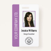 社員カスタムの写真、バーコード、ロゴ、名前（紫） バッジ (正面)
