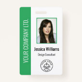 社員カスタムの写真、バーコード、ロゴ、名前（緑） バッジ (正面)