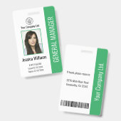 社員カスタムの写真、バーコード、ロゴ、名前（緑） バッジ (正面＆裏面)