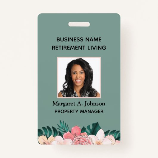 社員カスタムの写真IDグリーン会社 バッジ (正面)