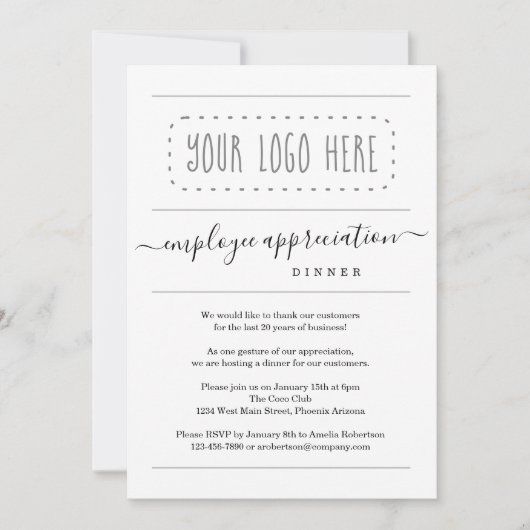 社員シンプルの感謝ディナー – ロゴの追加 招待状 (正面)