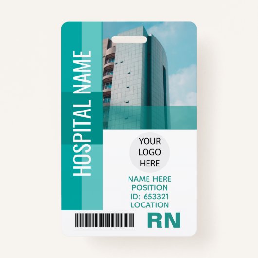 社員モダンの写真、バーコード、ロゴ、名前ID バッジ (正面)