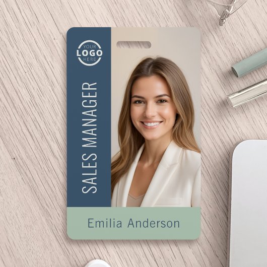 社員写真付きIDカード ビジネス ロゴ 太字 青 緑 バッジ