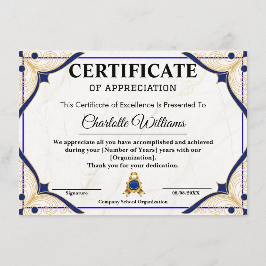 社員表彰証明書 青金 エンクロージャーカード (正面)