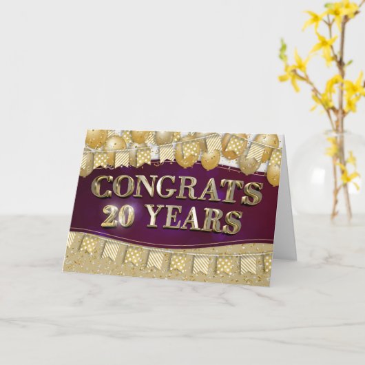 社員20周年記念金ゴールド文字と風船 カード (黄色い花)