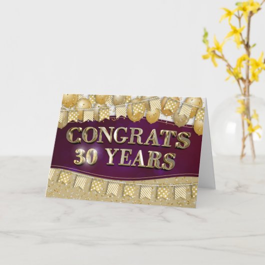 社員30周年記念金ゴールド文字と風船 カード (黄色い花)