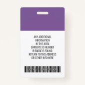 社員 – 写真、バーコード、ロゴ名パープルグリーン バッジ (裏面)