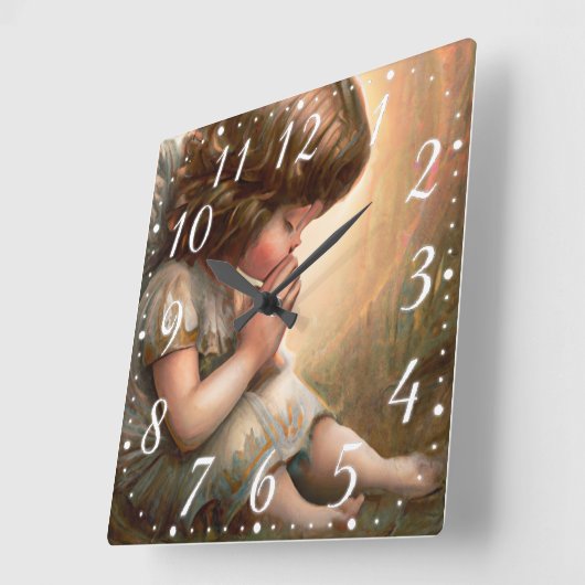 祈の小さな女の子エンジェルラディアントライトハロー スクエア壁時計 (傾斜)