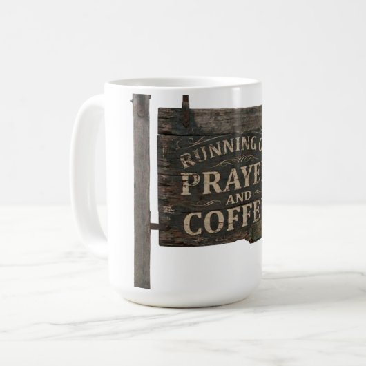 祈りとコーヒーで走る ラスティックウッドサイン コーヒーマグカップ (正面左)