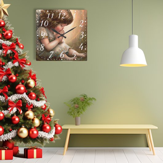 祈りの小さな天使 輝く光の輪 スクエア壁時計