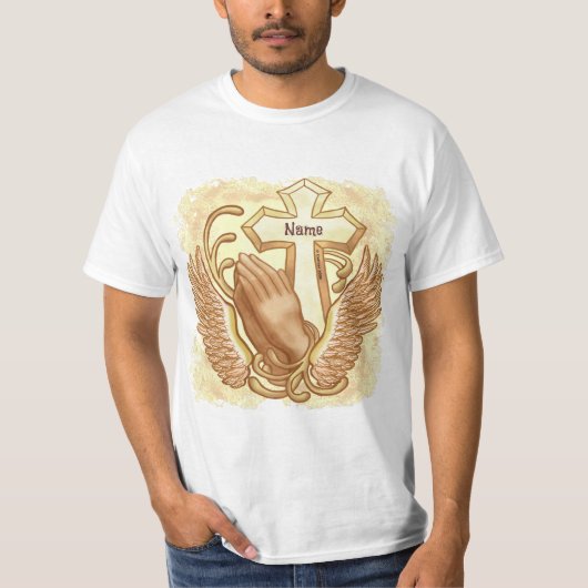 祈りの手 キリスト教の十字架 Tシャツ (正面)