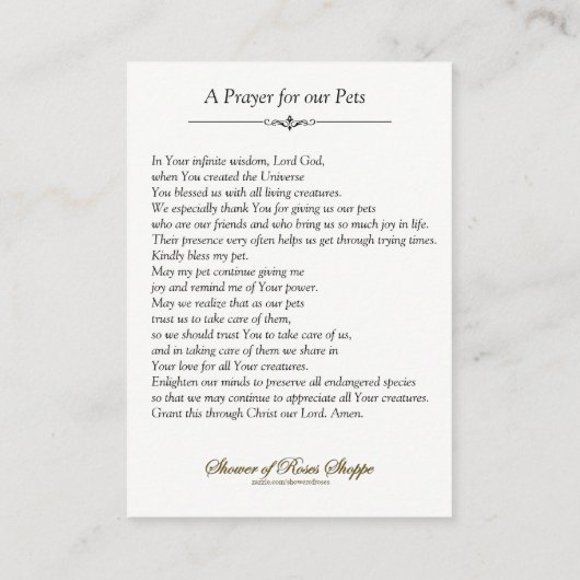 祈りの言葉とアシシの聖フランシスペッツ·ホリーカード 名刺 (裏面)