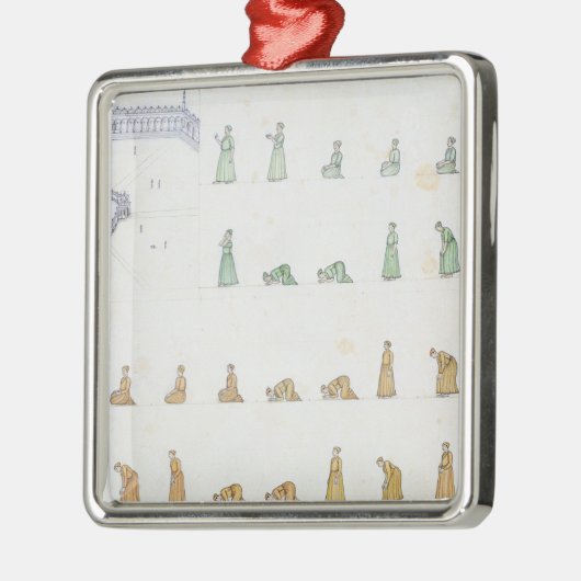 祈りの言葉の間の体の異なった位置からの メタルオーナメント (左)