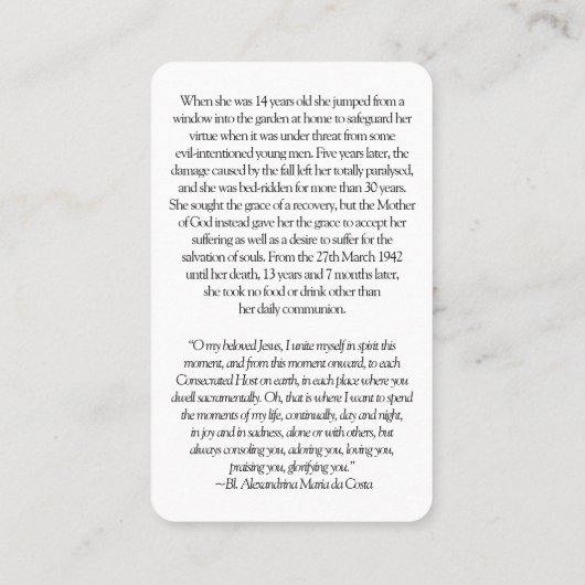 祈りの言葉は聖者|賛美されたAlexandrina 1を梳きます 名刺 (裏面)