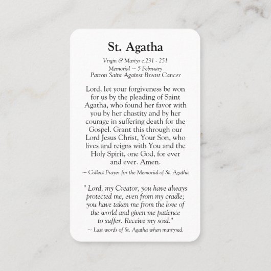 祈りの言葉は| St Agatha 1を梳きます 名刺 (裏面)