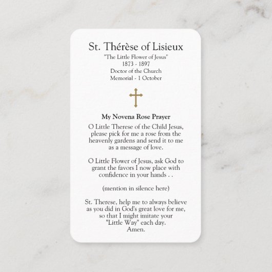 祈りの言葉はLisieuxの| St. Thérèseを梳きます 名刺 (裏面)