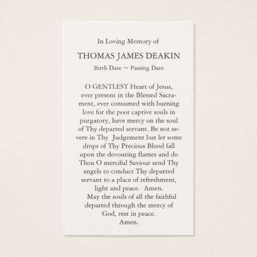 祈りの言葉カード |イエスの聖なるハート (裏面)