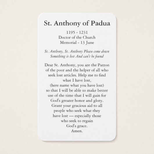 祈りの言葉カード |パドアの聖アントニー (裏面)