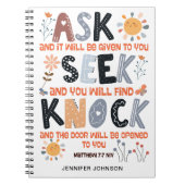 祈りの言葉ジャーナル聖なる書物、 経典バイブルMatthew 7:7 ノートブック (正面)