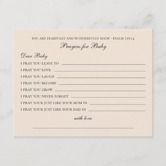 祈りの言葉ベビー。ミニマシンプルリストのピンクの願い アドバイスカード (正面)