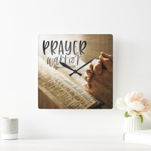 祈りの言葉祈戦士の手を開いた聖書 スクエア壁時計 (ホーム)