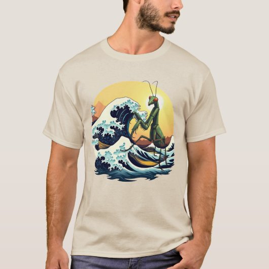 祈るカズラと大波が出会う – 独特な怪獣デザイン Tシャツ (正面)
