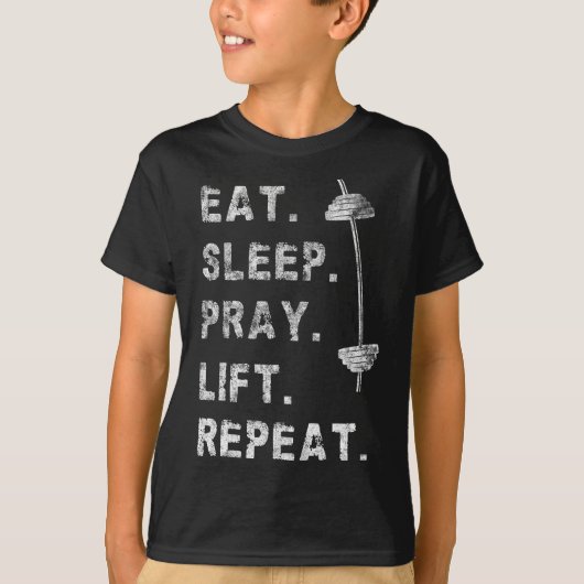 祈る 食う 睡る 筋トレ くり返す クリスチャン おもしろ Tシャツ (正面)