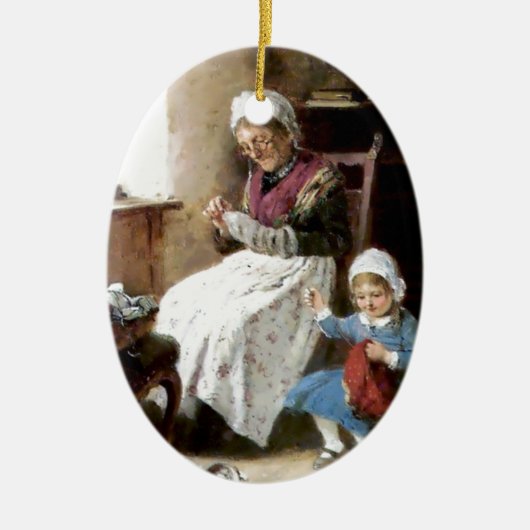 祖母および孫娘の裁縫 セラミックオーナメント (正面)