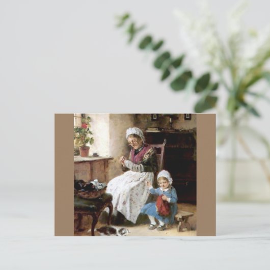 祖母と孫娘裁縫 ポストカード (スタンド正面)