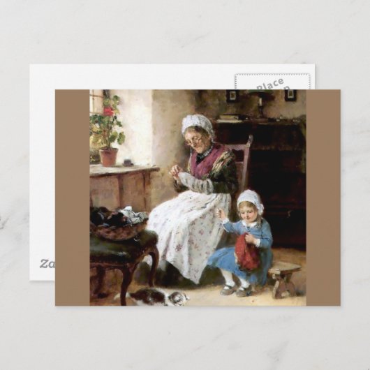 祖母と孫娘裁縫 ポストカード (正面/裏面)