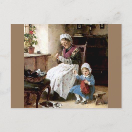 祖母と孫娘裁縫 ポストカード (正面)