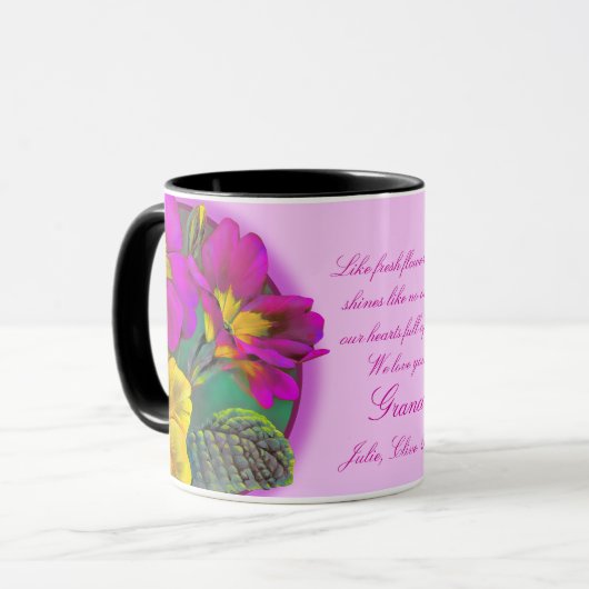 祖母のサクラソウ属の花の芸術のギフトのマグ マグカップ (正面左)