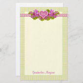 祖母のピンクの花のハート 便箋 (正面/裏面)