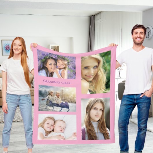 祖母の写真コラージュの女の子ピンク フリースブランケット