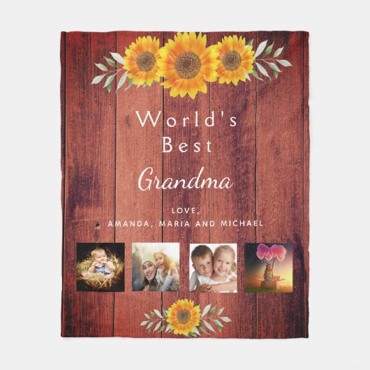 祖母の家族の写真コラージュ素朴な茶色の木 フリースブランケット (正面)