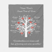 祖母の木(ハート)、白いまたは灰色8の名前及び日付 フリースブランケット (正面)