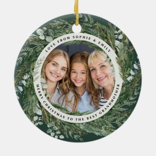 祖母の葉リース写真クリスマスエレガント セラミックオーナメント (裏面)