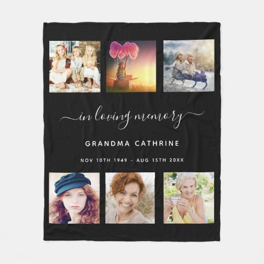 祖母の記念写真コラージュの黒いメモリ フリースブランケット (正面)