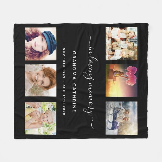 祖母の記念写真コラージュの黒いメモリ フリースブランケット (正面(横))