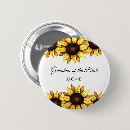 祖母の黄色と白のひまわり花柄 缶バッジ (正面&裏面)